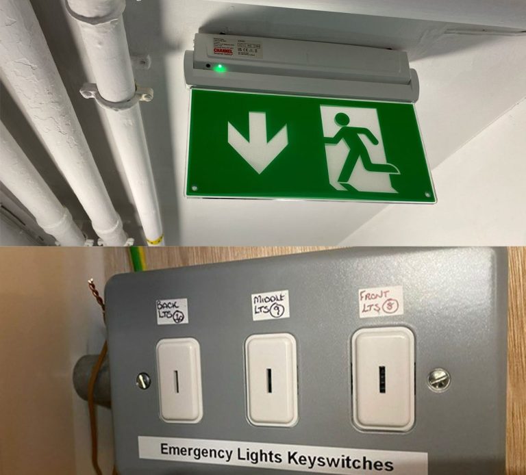 Emergency exit signage of figure running through doorway with direction arrow, and another image of labelled key switches for emergency lights